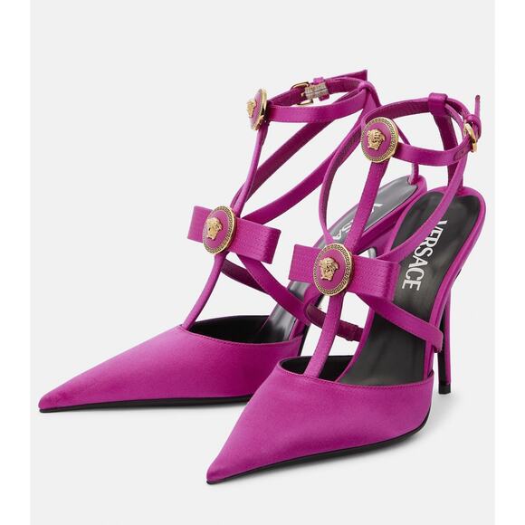 Versace NIB Gianni Ribbon Bow Cage 100 Pink Satin Heels Pumps 39 NEW IN BOX - Picture 1 of 8